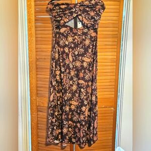 Strapless Front Twist Midi Dress - Brown With Paisley Print  SIZE XL